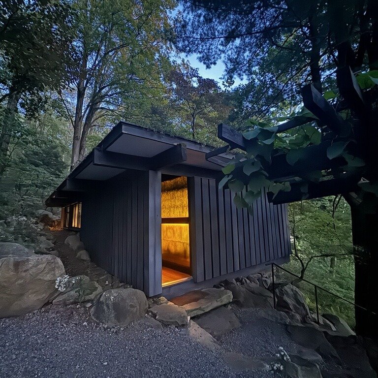 Evening glow at the Manitoga/Russel Wright design studio.
From mold and mice remediation to eliminating fossil-fuel reliance, we&rsquo;re proud of this careful architectural stewardship in a truly unique setting. Restoring the Manitoga studio wasn&rs