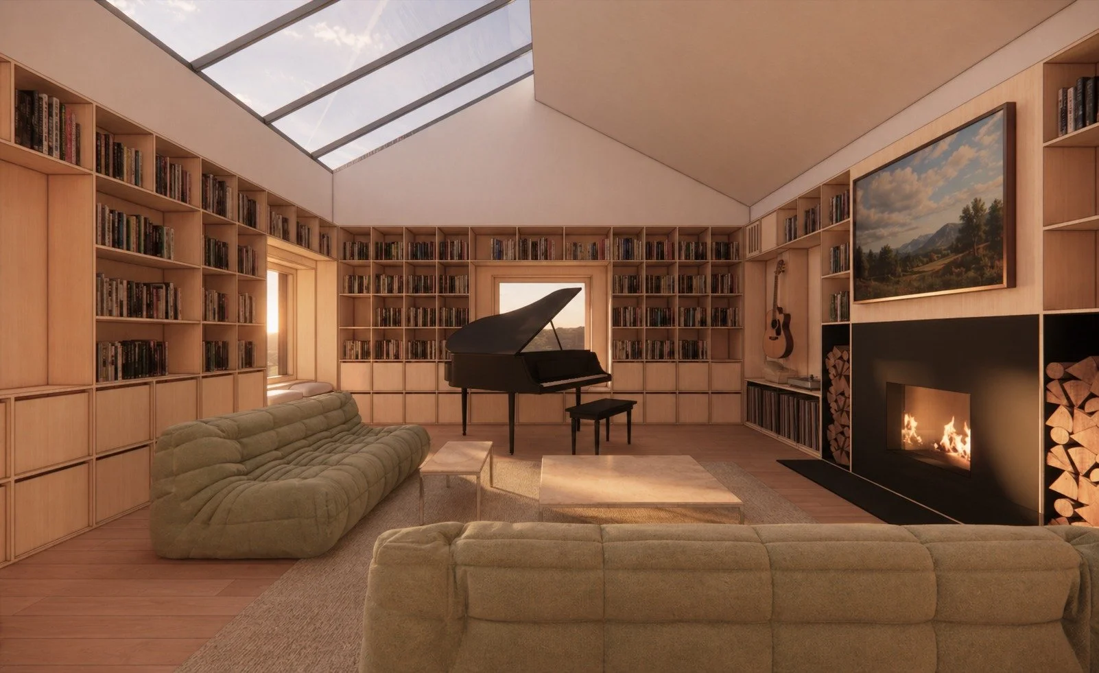A room for music, and everything that comes with it.

Golden hour light pours in from above, the fireplace anchors the space, and custom shelving holds the layers of everyday life. Designed for a young, creative family, this Cold Spring home embraces