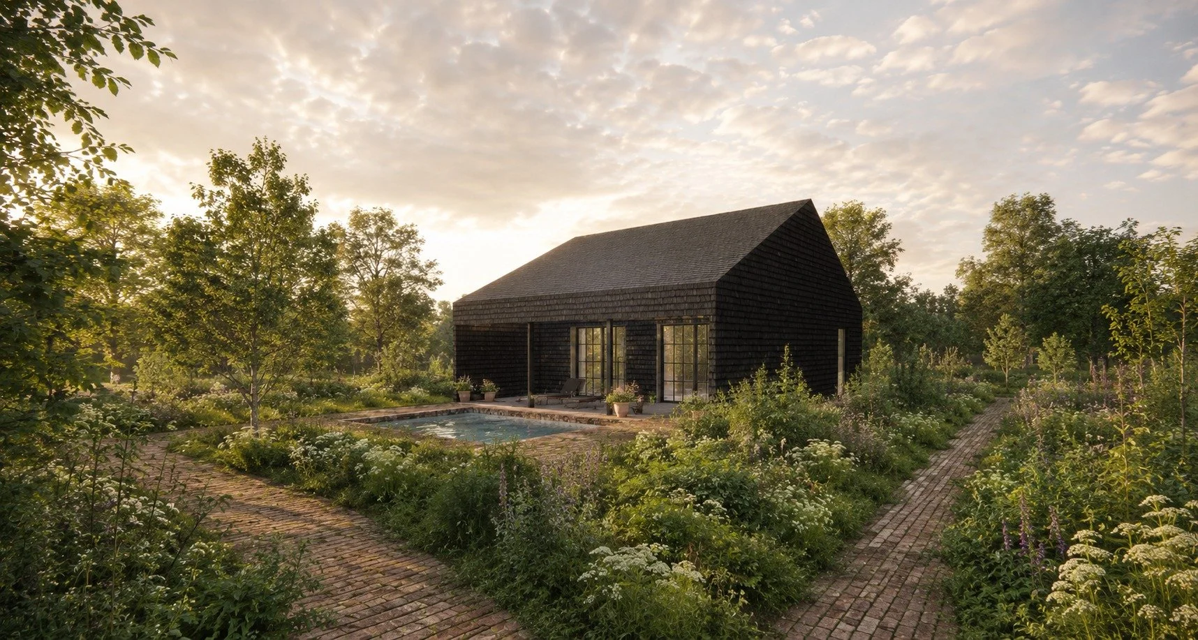 Summer settling in at the pool house. Black wood shingles, wild gardens, and thoughtful paving.

Vivian's Village, coming soon.

#poolhouse #architecture #residentialarchitecture #architecturaldesign #woodshingles #landscapedesign #wildgarden #garden