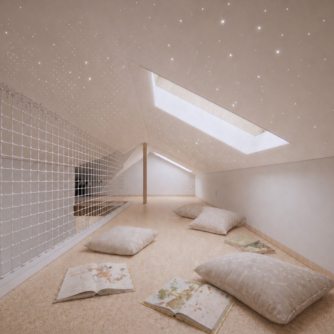 Some of the smallest spaces leave the biggest memories.

Designed as a quiet retreat above the living room, the children's loft at Jaycox Pond House is a place for stories, stargazing, and imagination. Skylights fill the space with daylight, while a 