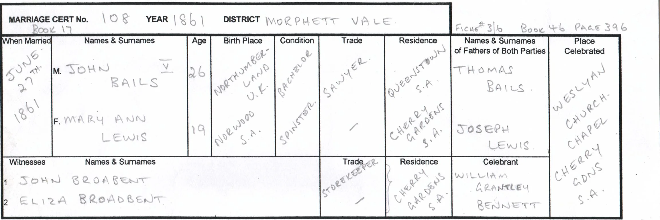Marriage Certificate John Bails/MaryAnn Lewis 