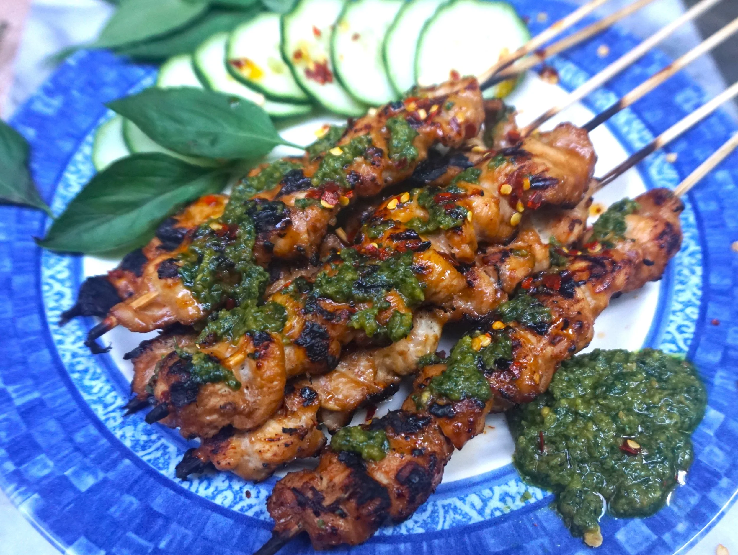 Chicken Satay with Thai Basil Pesto