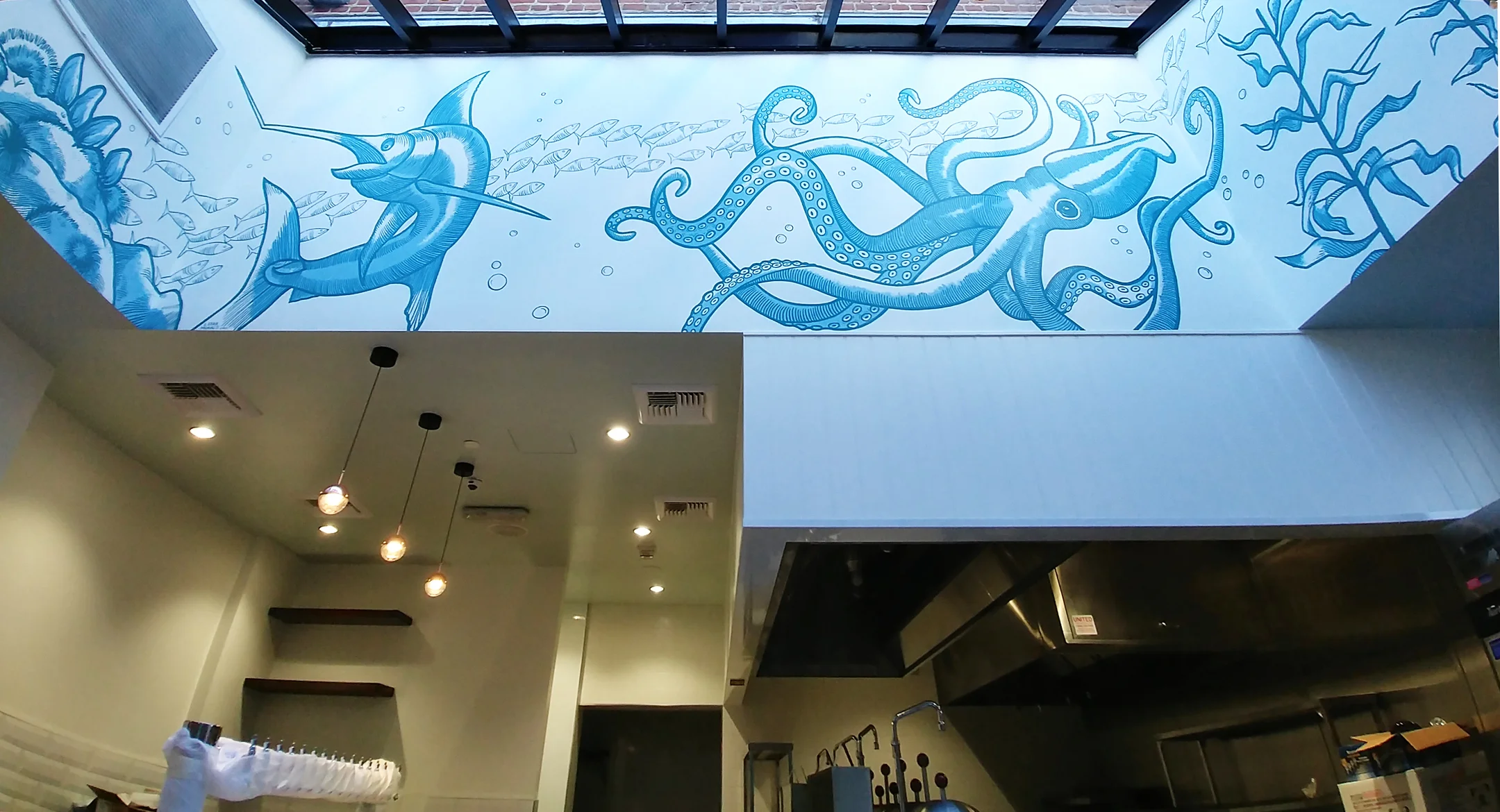 Hand painted mural for Prawn restaurant in Pasadena, CA
