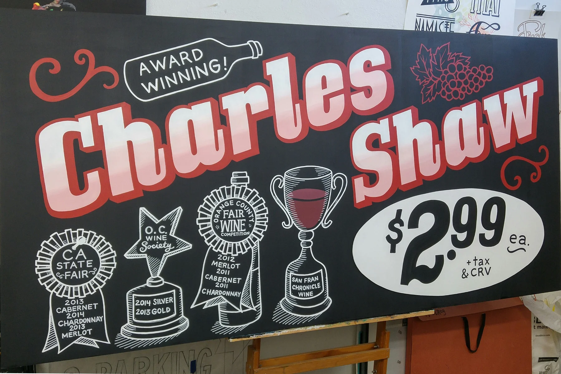 Chalkboard sign for Charles Shaw