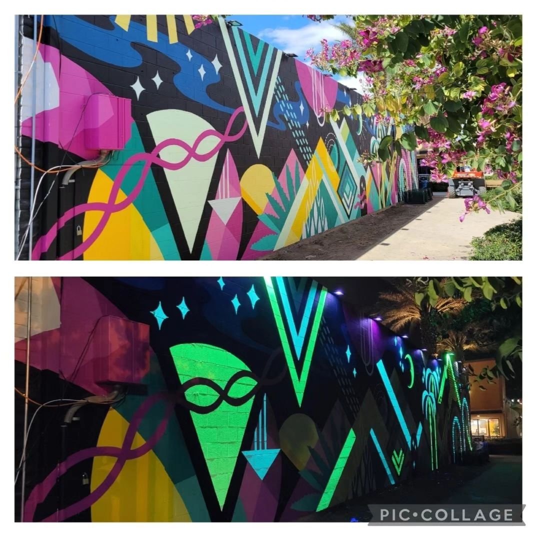 Indio mural nightview!! ✨️🌙✨️

There was an almost spiritual moment when the team &amp; I were finishing this mural (in the rain, after days of painting) &amp; the black lights turned on from above for the first time to illuminate the wall and (🎶 s
