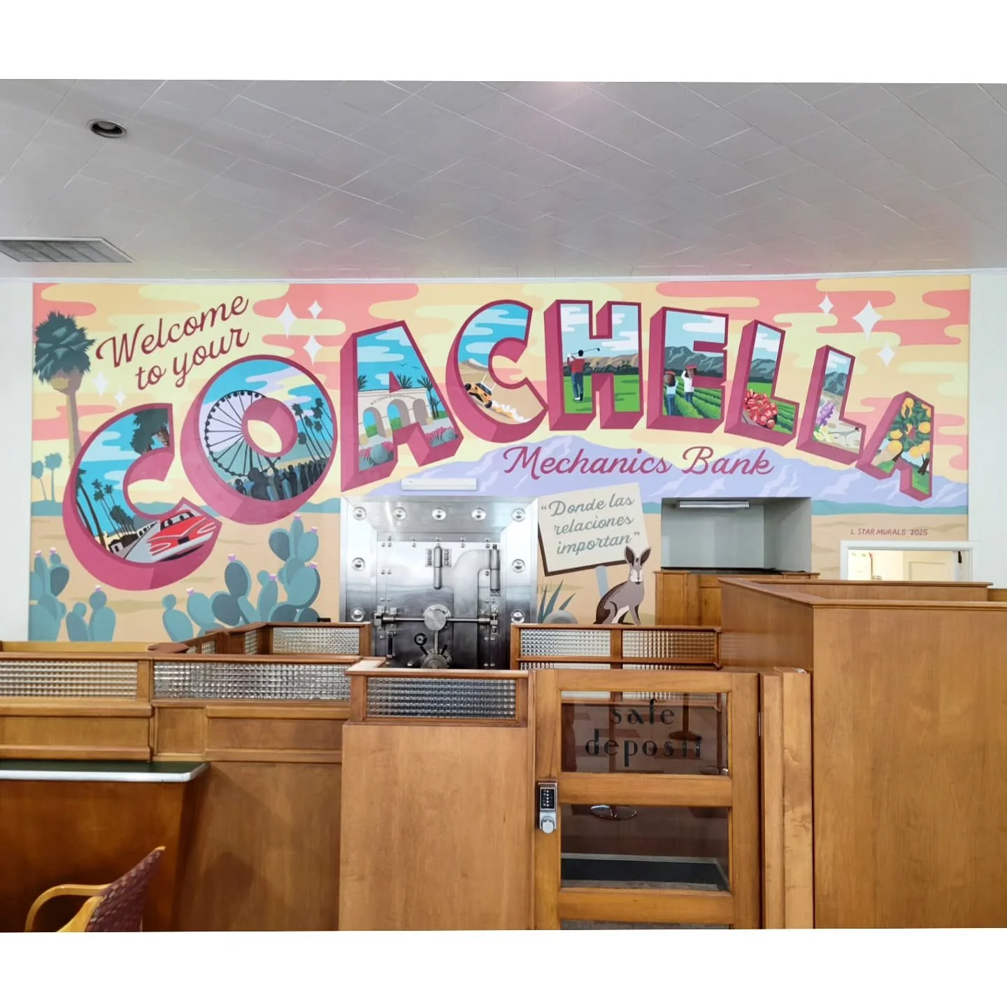 Popped over to Coachella earlier this spring @mechanics_bank where we tackled this baby over a whirlwind weekend (Fri 5pm - Sun 6pm!!) This was a fun challenge, working around a distinctive 100 year old bank vault door &amp; wood paneling, and instal