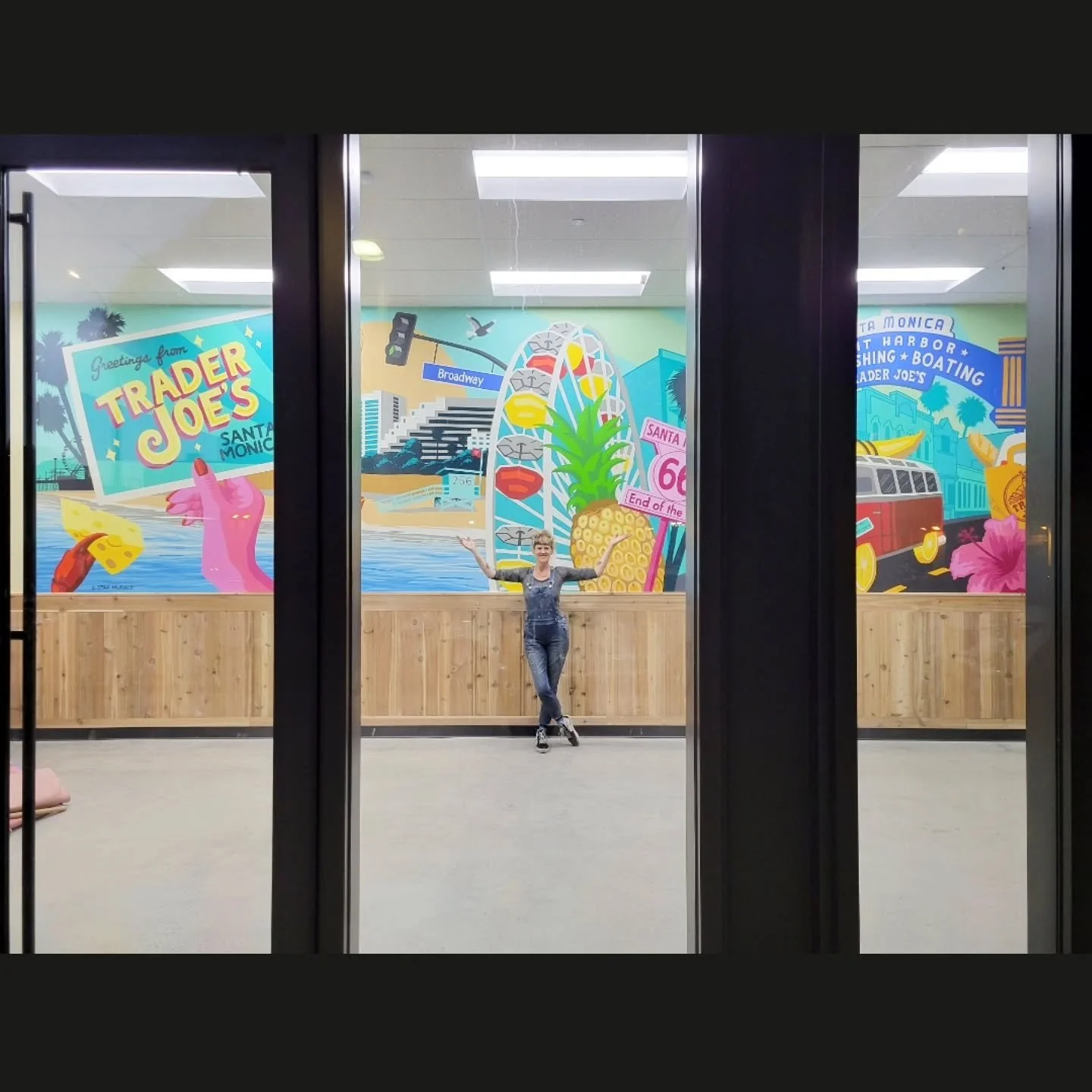 I was in Santa Monica recently &amp; stopped to check in this mural of mine that exists in it's very own ✨️glass room✨️ with nothing else but an elevator in it. Where does the elevator go????? We don't know. But this glass room is like a private gall