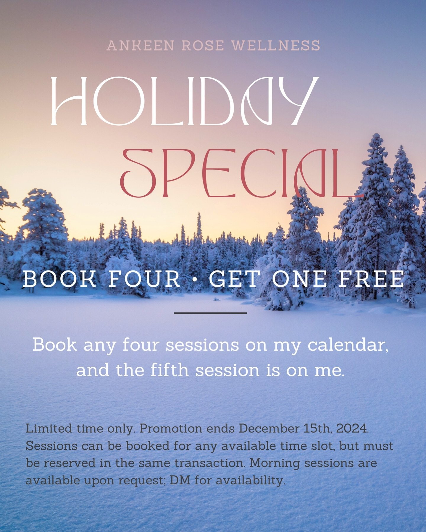As a way of showing my appreciation to all of my incredible clients, I am offering a holiday deal - Book four (in the same transaction) and get your fifth on me.
.
Thank you to everyone for your constant support and love. #gratitude #holiday