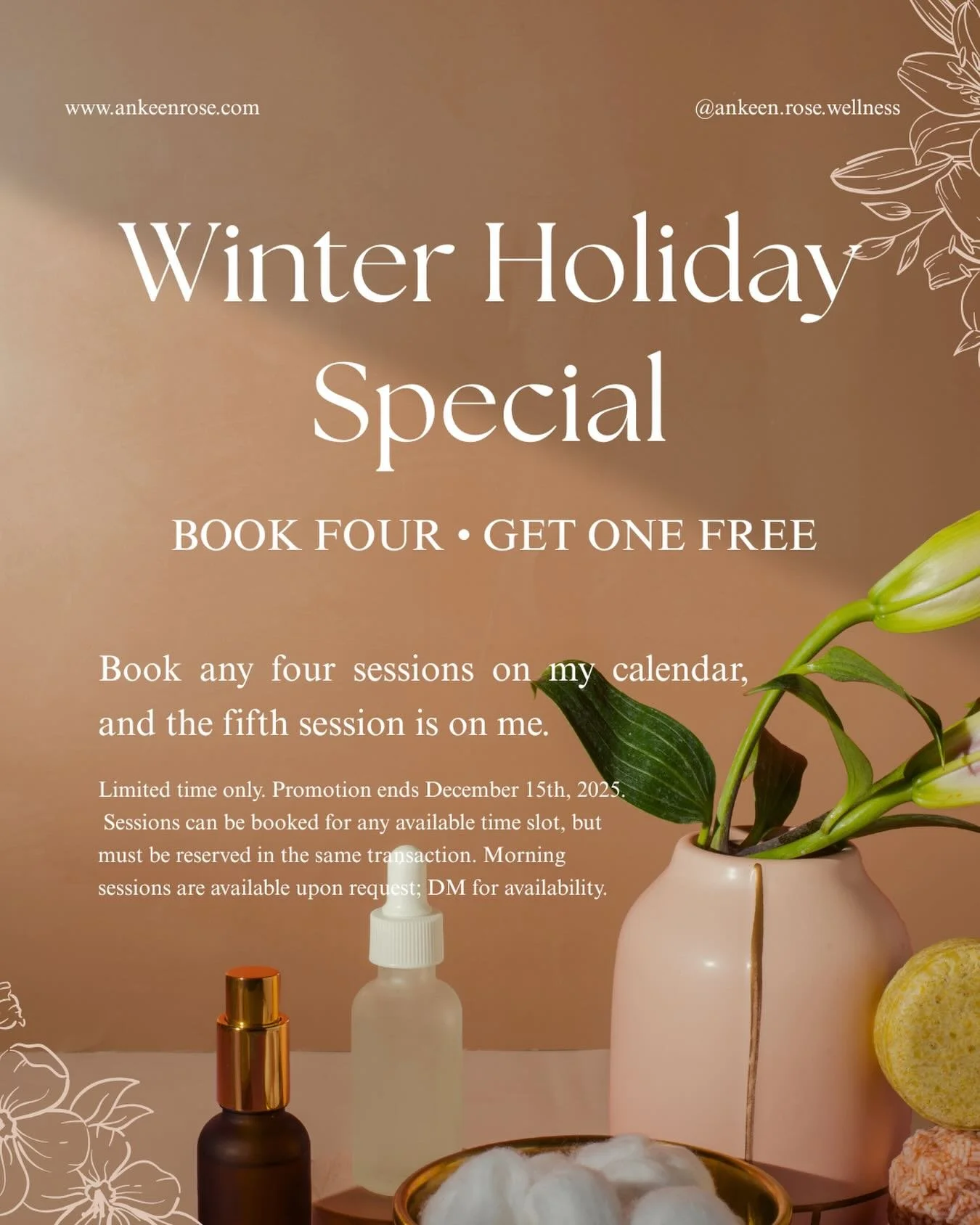 Limited time only. Promotion ends December 15th, 2025. Sessions can be booked for any available time slot, but must be reserved in the same transaction. Morning sessions are available upon request; DM for availability.