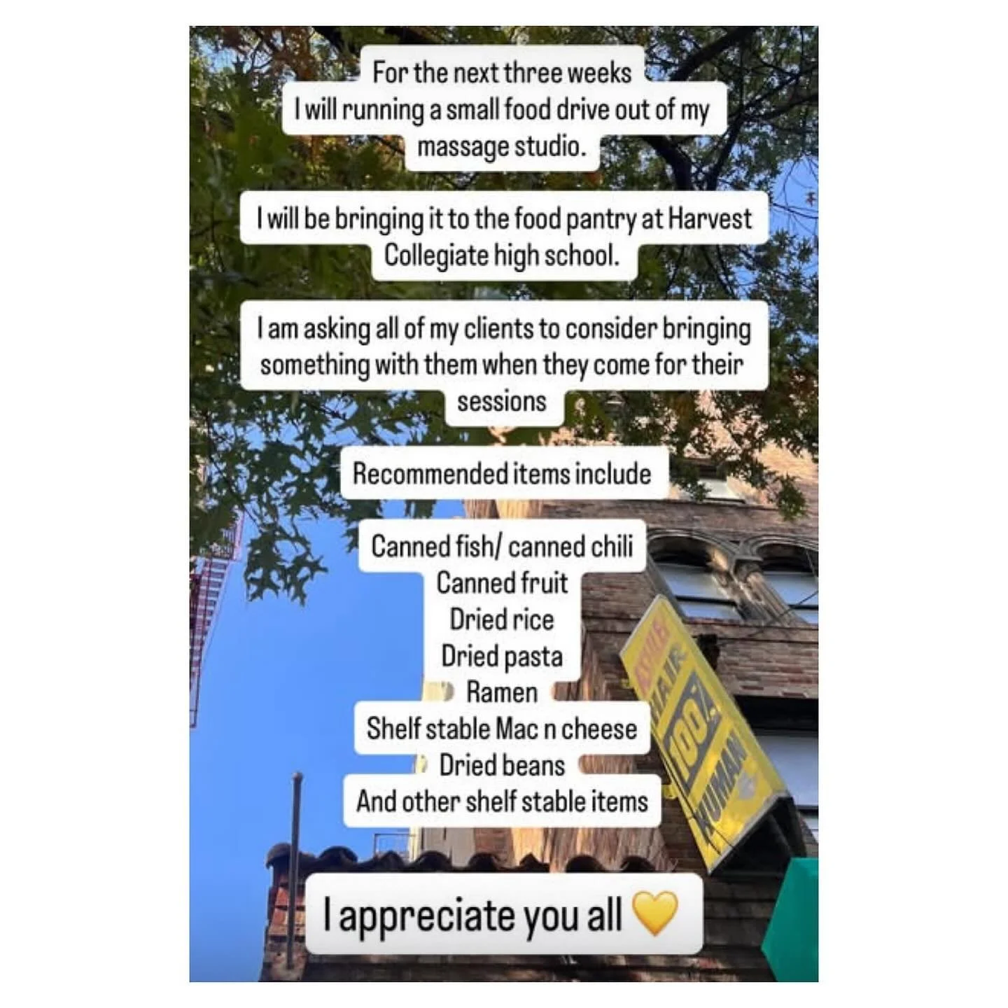 I am running a small food drive out of the massage studio for the next few weeks. Let me know if you&rsquo;d like to drop things off to help those whose benefits have been cut off. #mutualaid #fooddrive