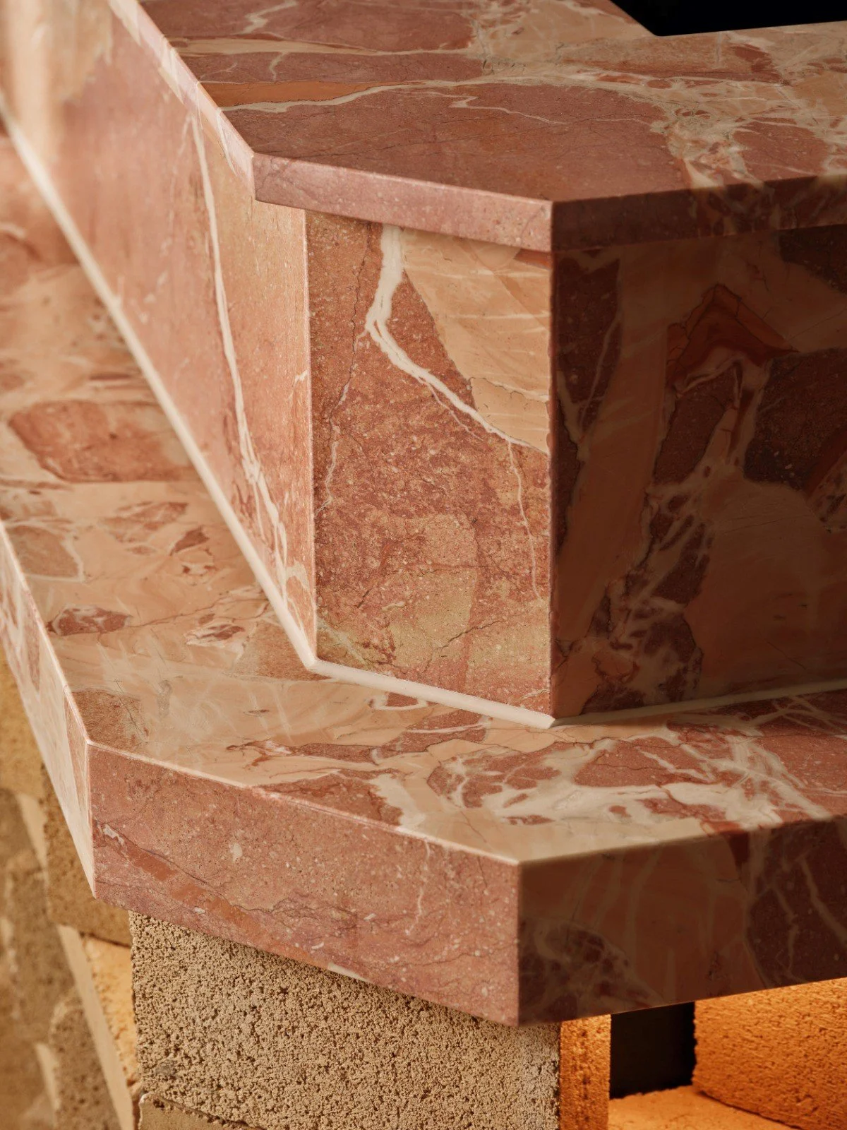 Close up of custom pink marble counter at Product of Italy Sydney designed by Al and Co Haus of Design.