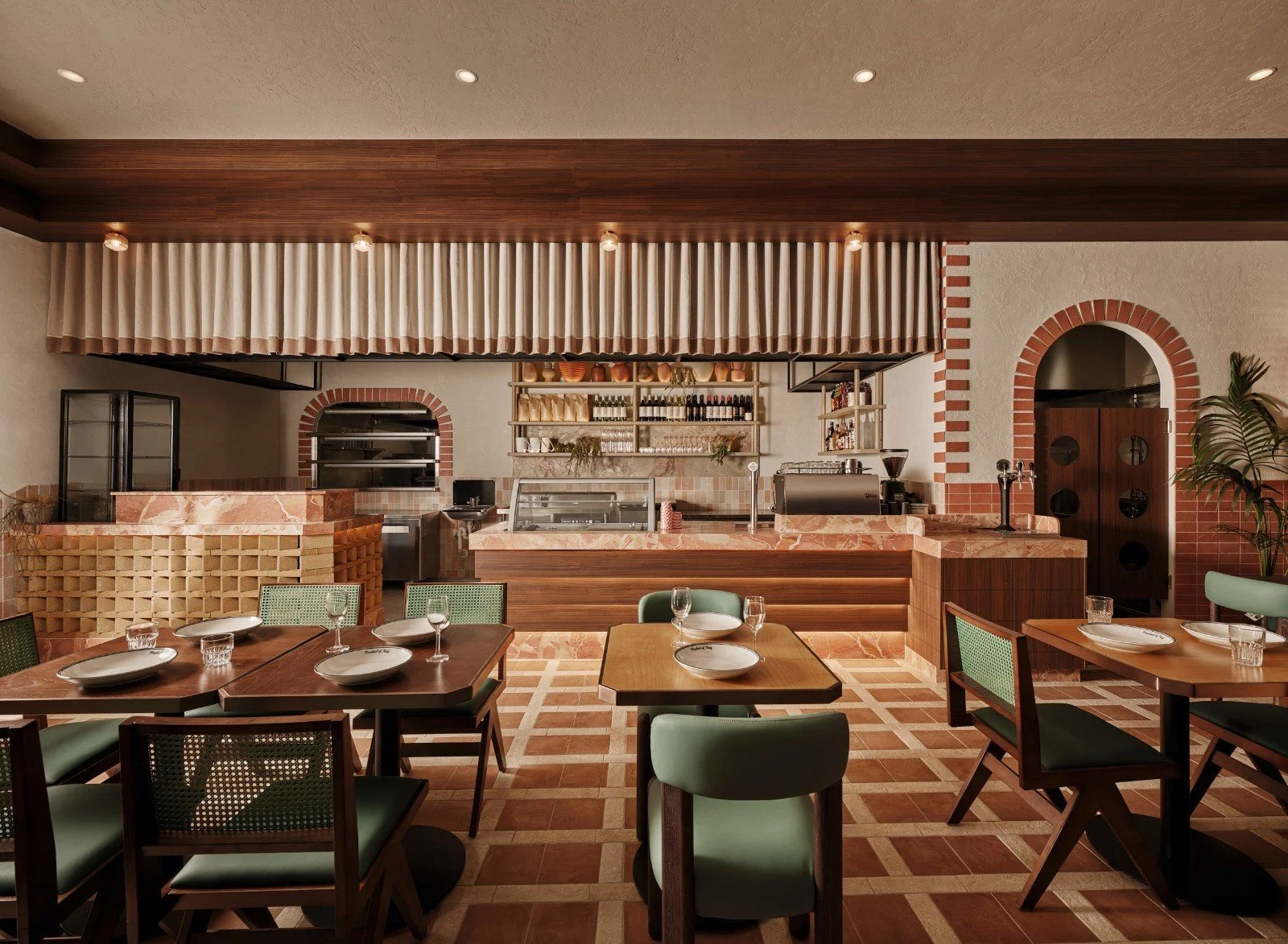Modern Italian restaurant interior in Sydney with green seating and veined counters by Al and Co Haus of Design.