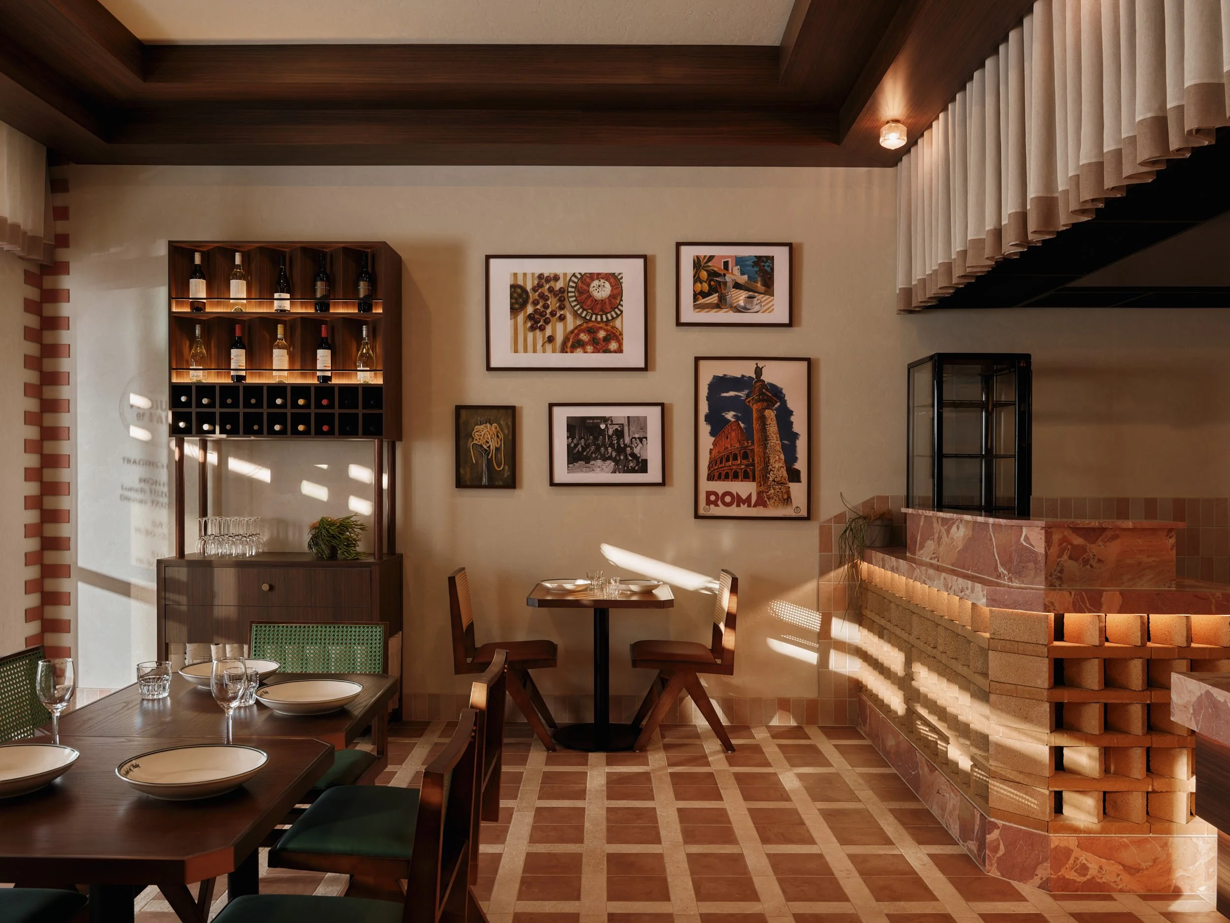Modern restaurant dining room with warm lighting and wooden furniture designed by Al & Co Haus of Design in Sydney