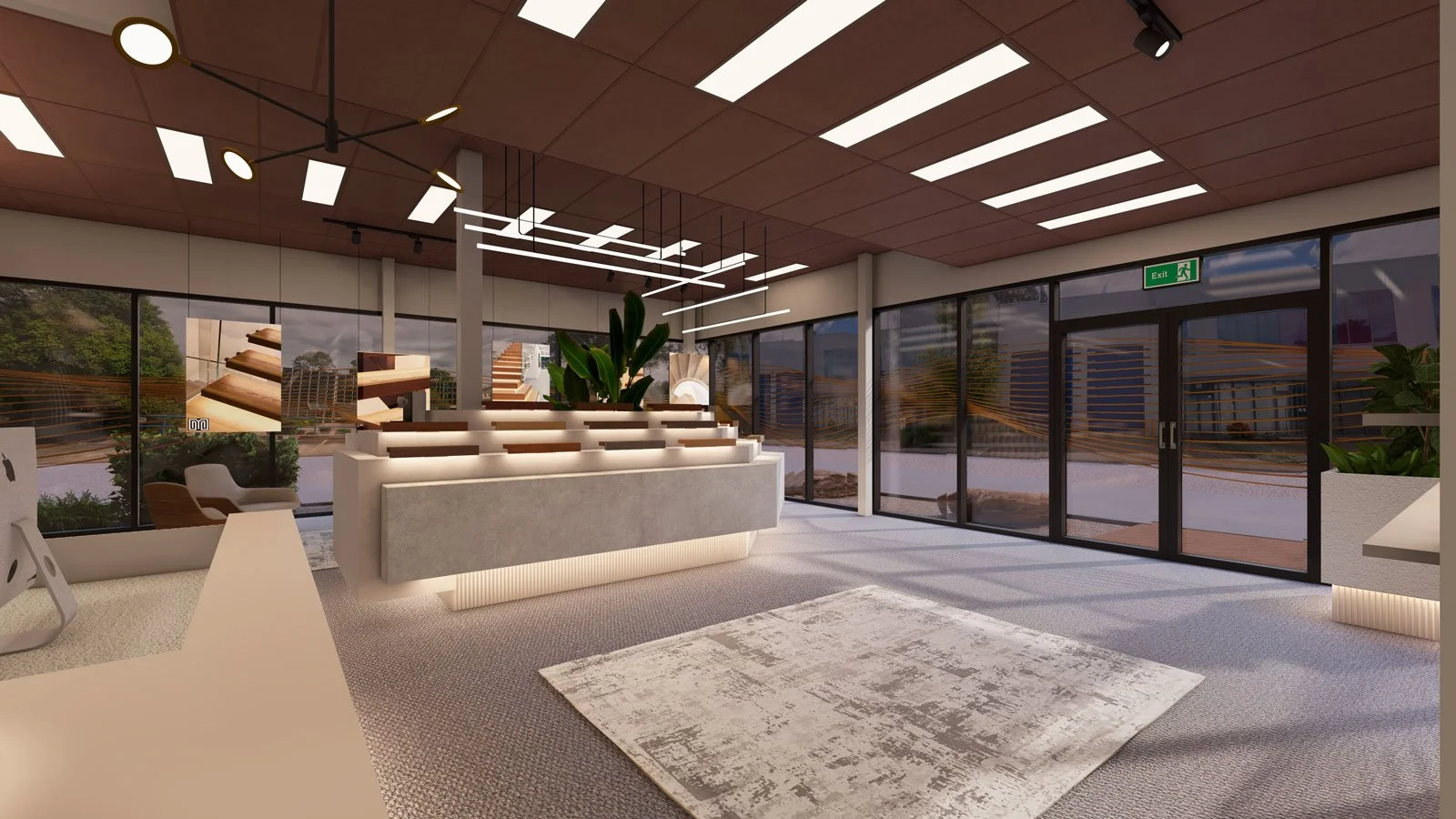 Stylish flooring showroom with wooden samples, tiered display, modern lighting