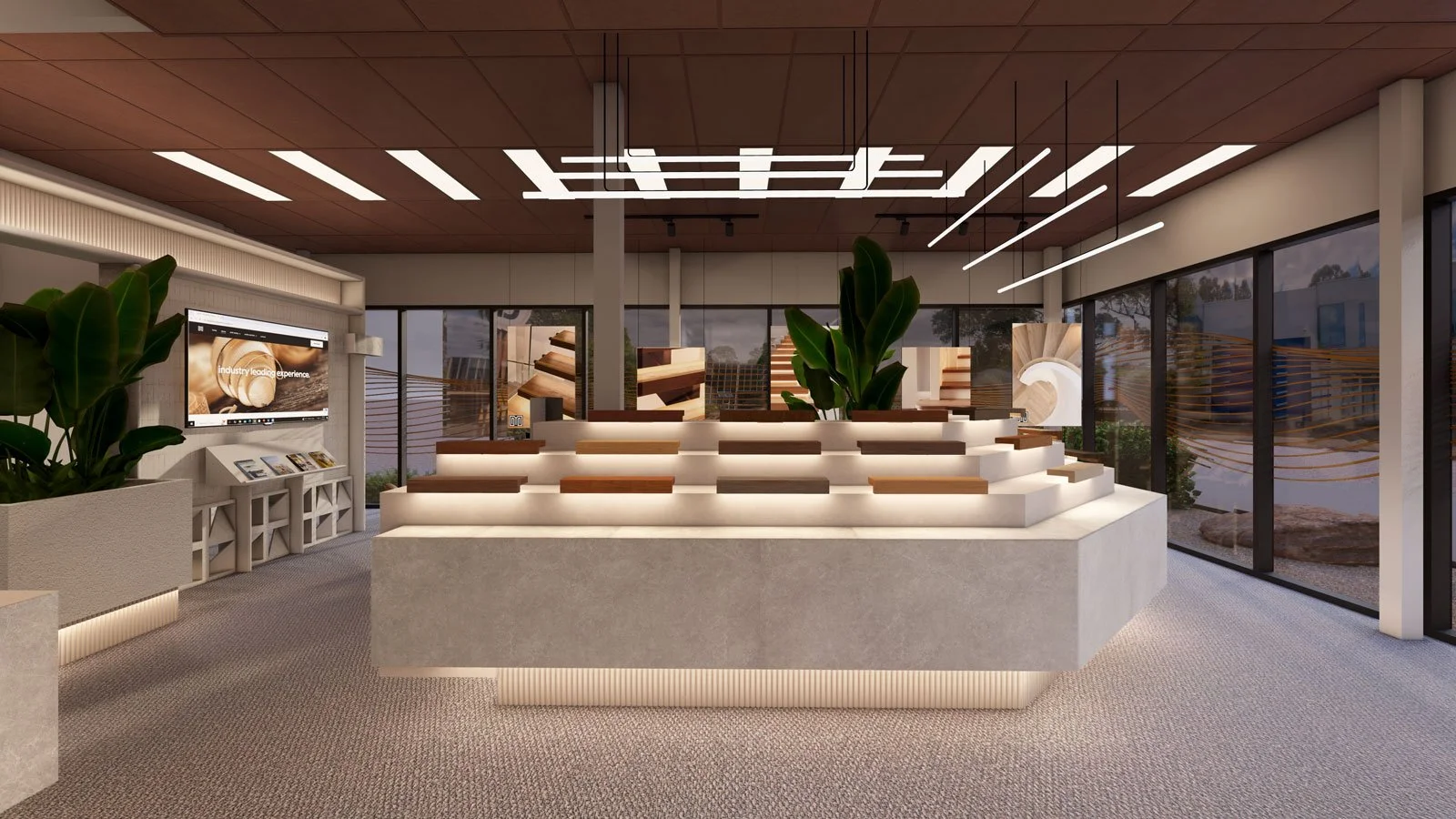 Contemporary flooring showroom featuring wood displays, modern lighting, and plants