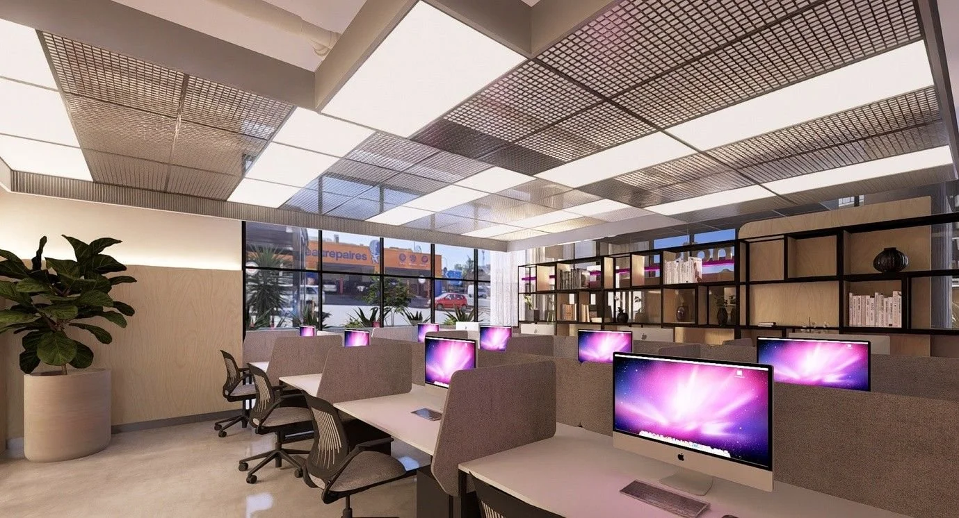 Modern office interior design with open-plan workstations and contemporary lighting by Al & Co Haus of Design in Sydney