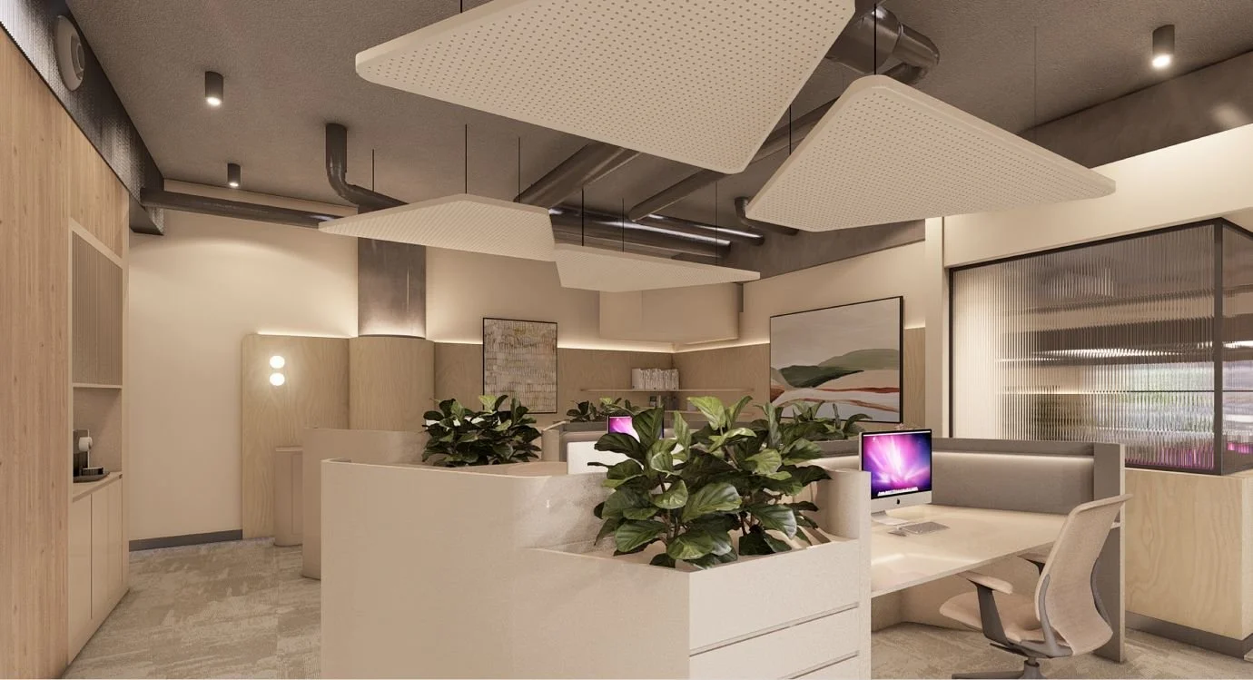 Modern office interior design featuring collaborative workstations and acoustic ceiling panels by Al & Co Haus of Design in Sydney