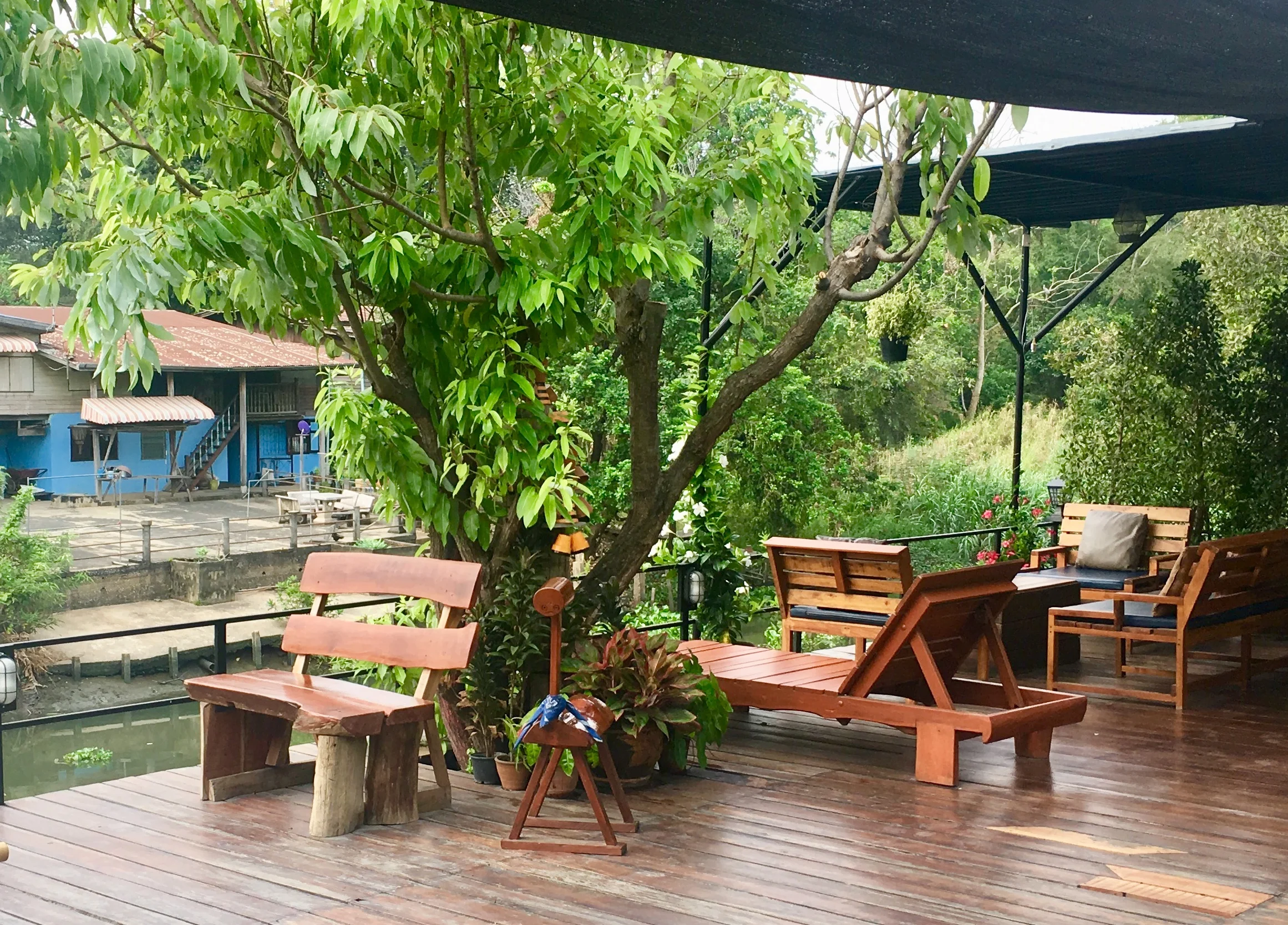 Outdoor deck area on canal