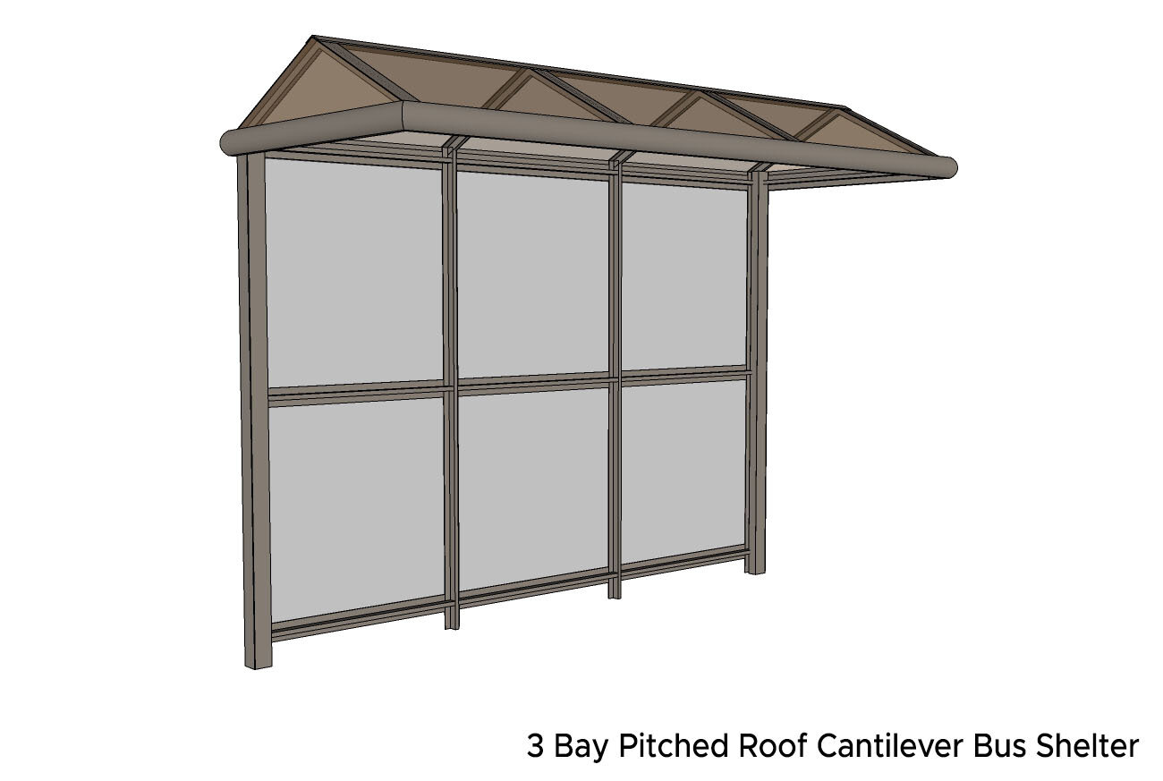 3 Bay Pitched Roof Cantilever Bus Shelter