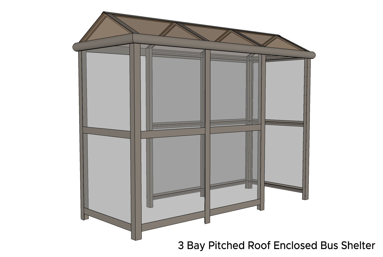 3 Bay Pitched Roof Enclosed Bus Shelter