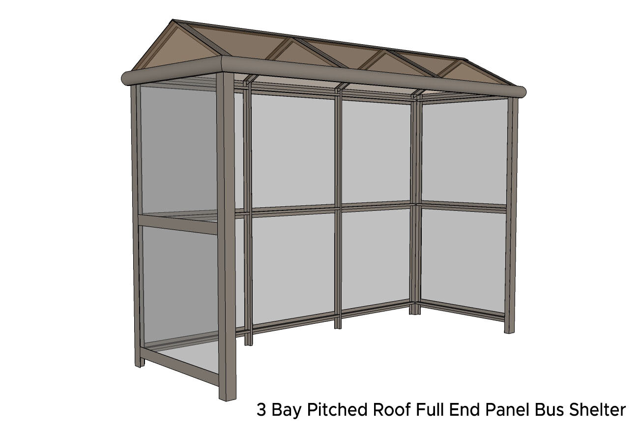 3 Bay Pitched Roof Full End Panels Bus Shelter