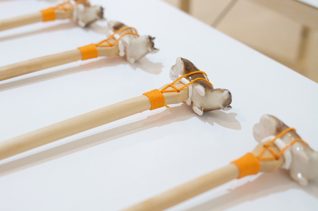 Throwing Sticks Porcelain Chipmunk, wooden spoon, thread, silicon, paint; 2014