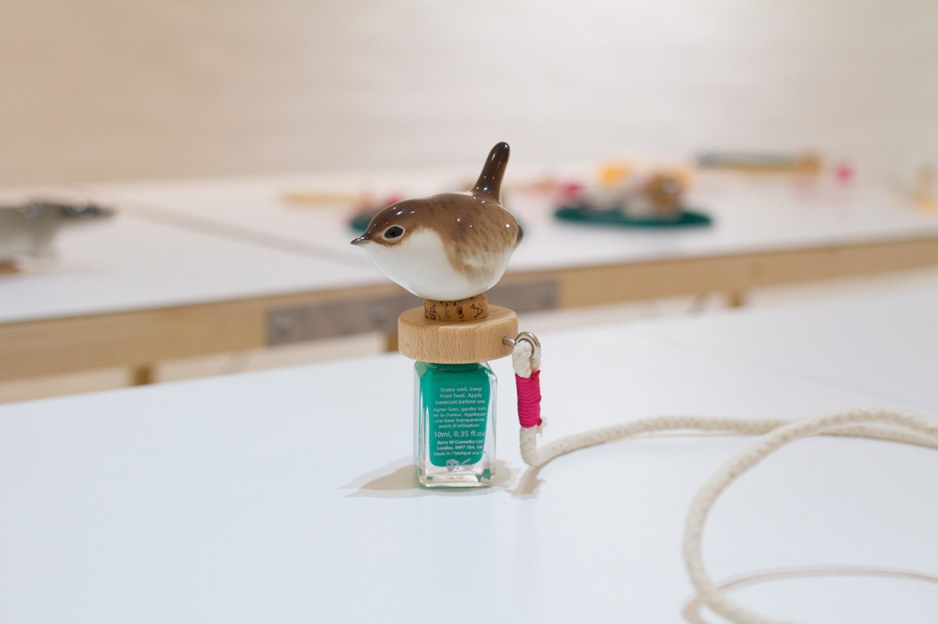 Paint Bomb Porcelain Wren, rolling pin, nail varnish, wine cork, thread, sash cord; 2014