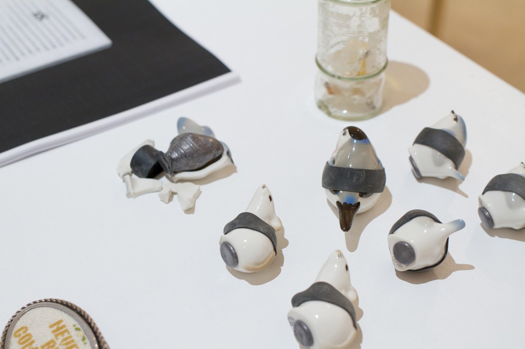 Projectile Wildlife Porcelain Bluetits/Mice, lead, lobster bands; 2014