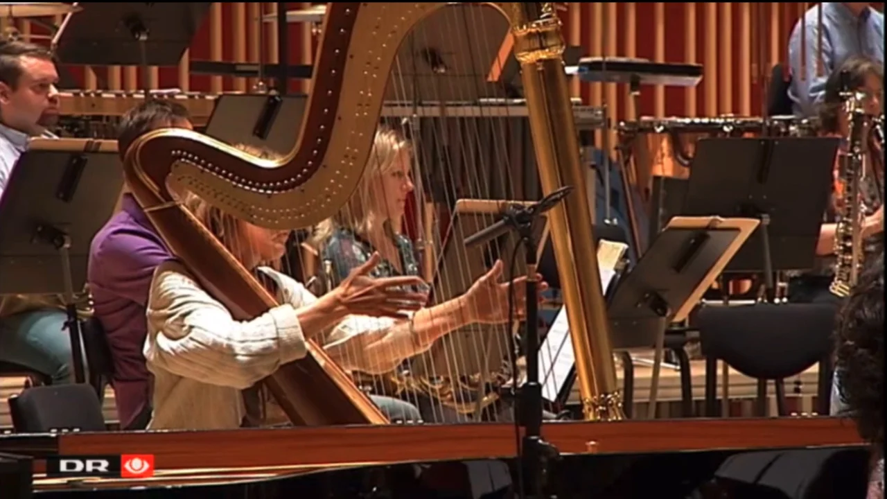 Aarhus Symphony Orchestra, Mette Nielsen (harp), David Strong (grand piano), and Søren Kinch Hansen (conductor) during the recordings of Ilan´s music
