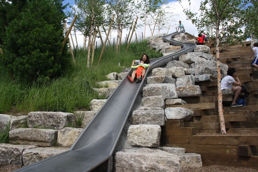 the longest slide in all of nyc is on "slide hill" on GoveRnors 's island...57' long +three stories high