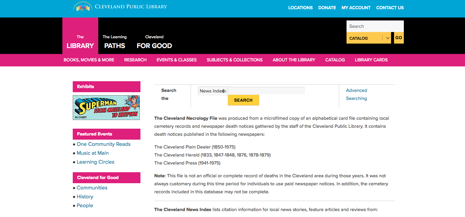 Cleveland Necrology File homepage 