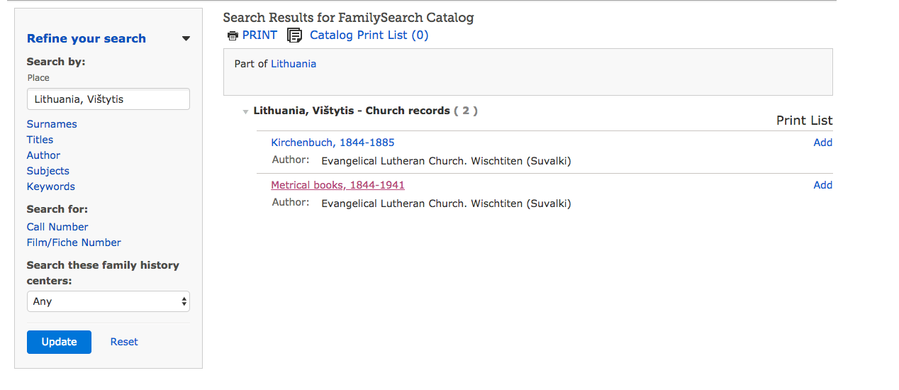 My search for Vistytis included two sets of records. The church books (Kirchenbuch) and Metrical books