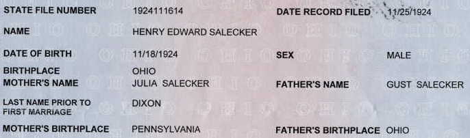 Edward's birth certificate extract from the State of Ohio. 