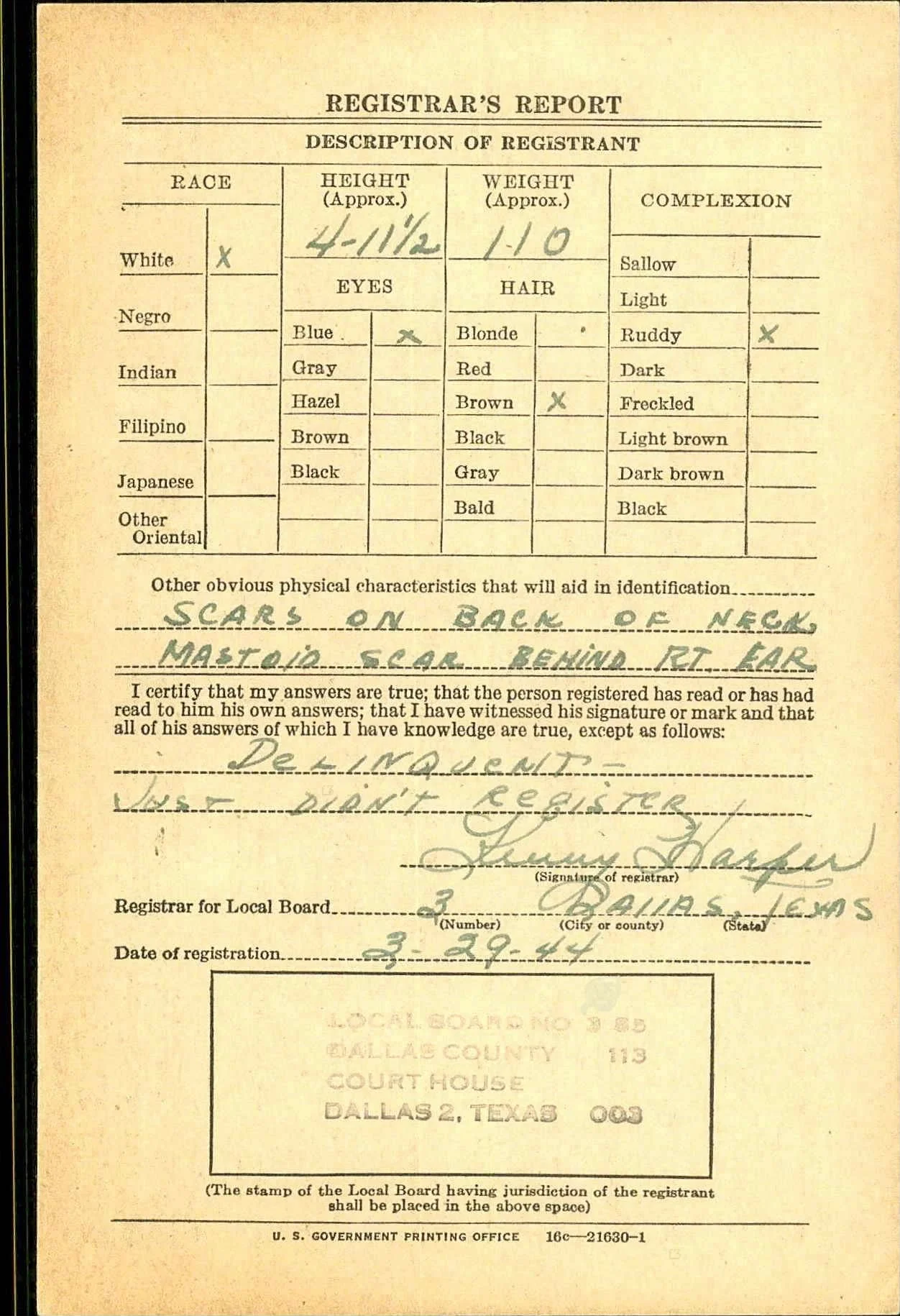 The National Archives in St. Louis, Missouri; St. Louis, Missouri; Record Group: Records of the Selective Service System, 147; Box: 1321