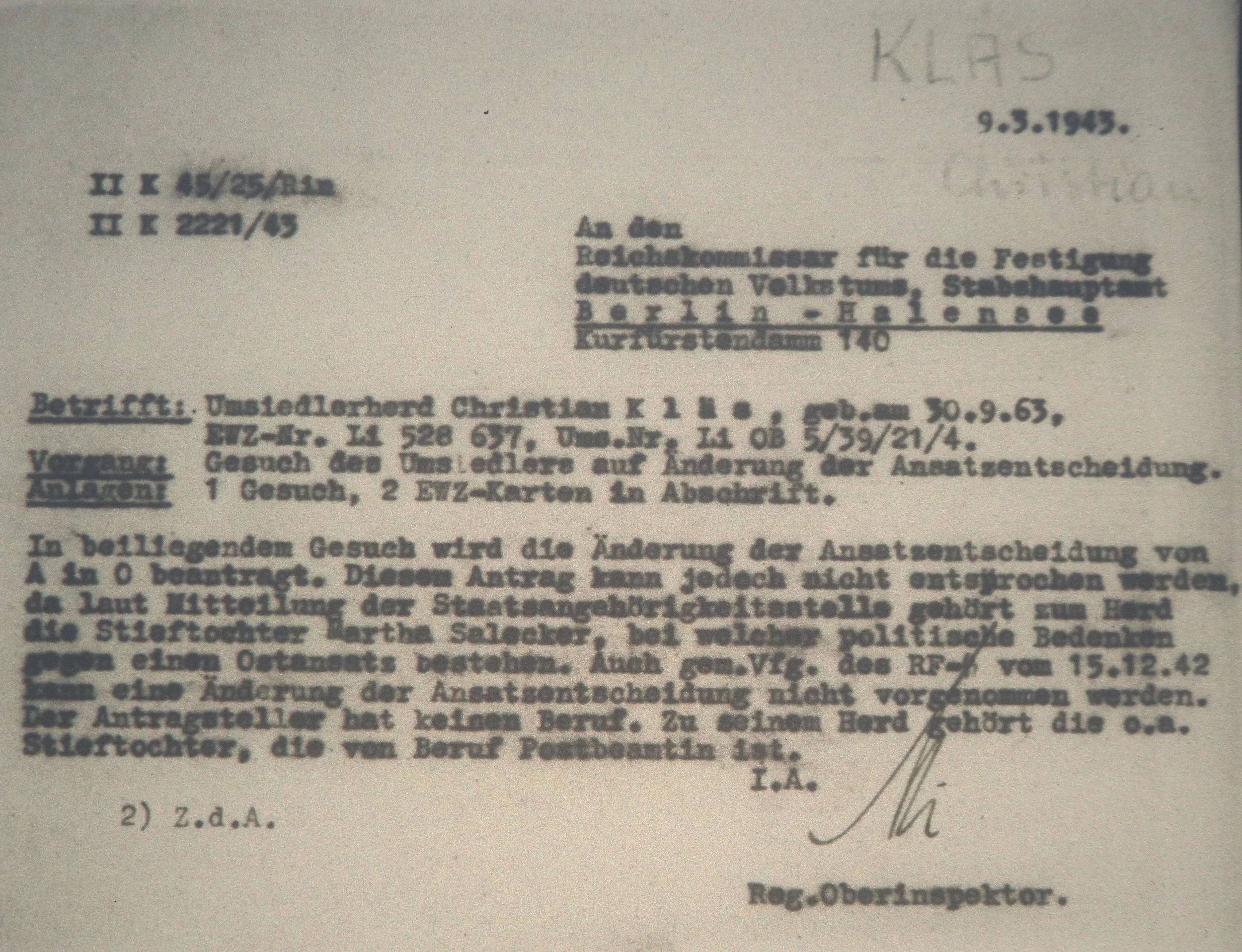 Letter from the EWZ inspector general to the RKFVD from 9th March, 1943.