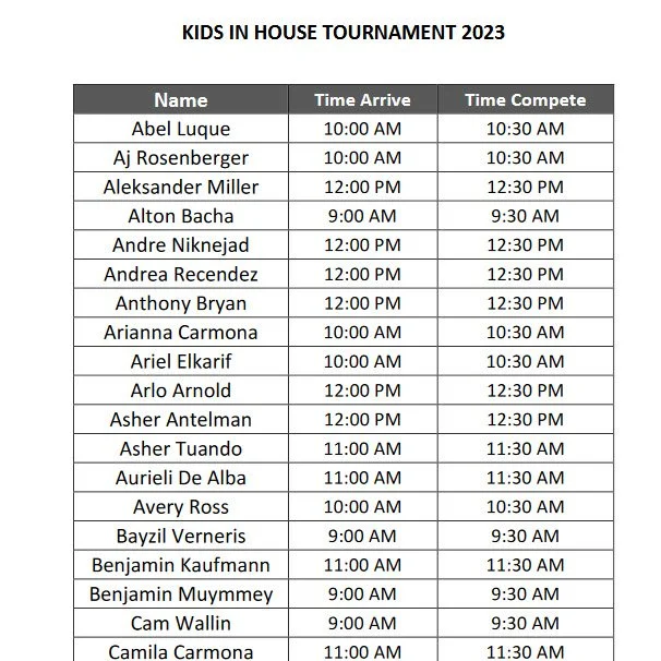 Schedule for Tomorrow's Kids Tournament