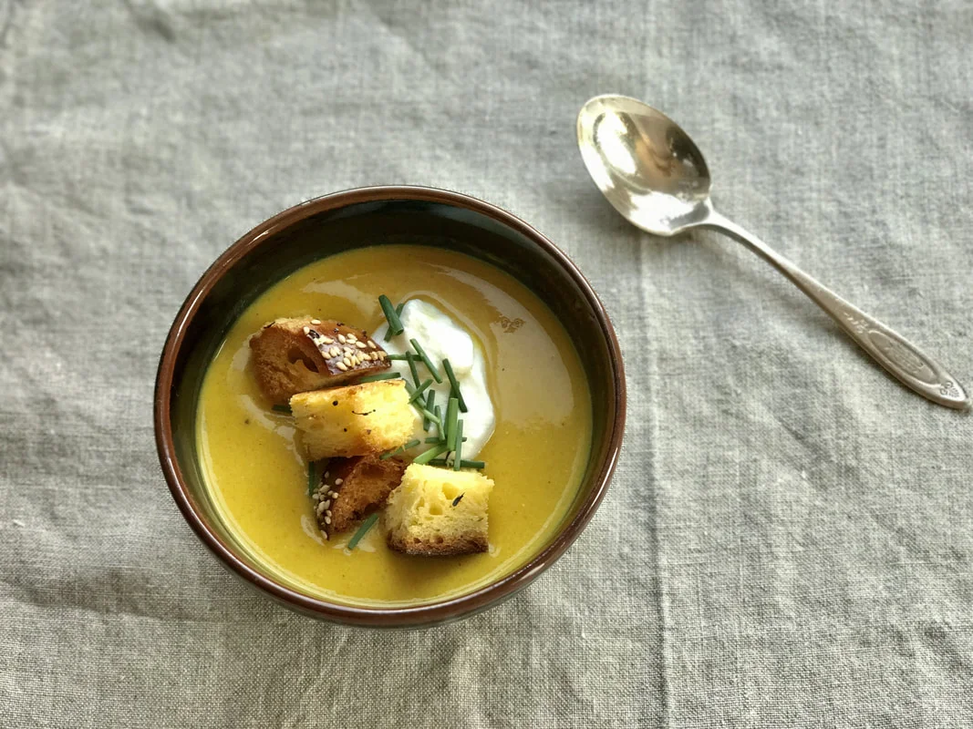 Kabocha Soup with Challah Croutons