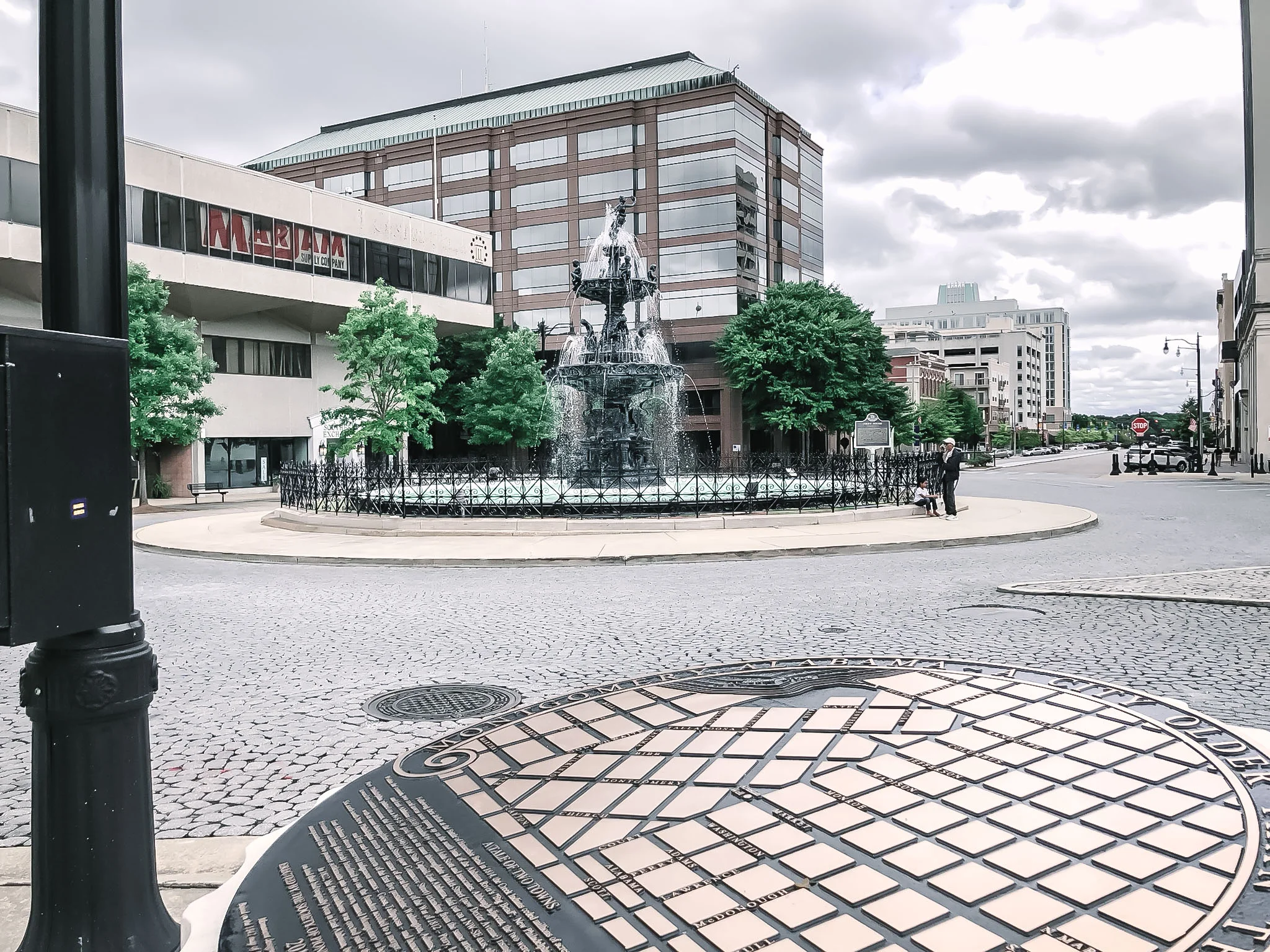 Court Square Fountain, built on an artesian well, originally used by the native tribes. The fountain was the center of the slave trade, where enslaved Africans (who had been kidnapped from their home countries) were chained together and paraded up the street to be sold at this fountain.