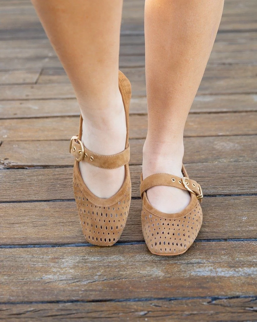 Simple silhouette, standout style! 

Classic ballet vibes upgraded with gold buckles, bold texture, and an adjustable strap that keeps your look effortless &amp; comfortable. From midi dresses to crisp linen pants, these ballet flats are your week-lo