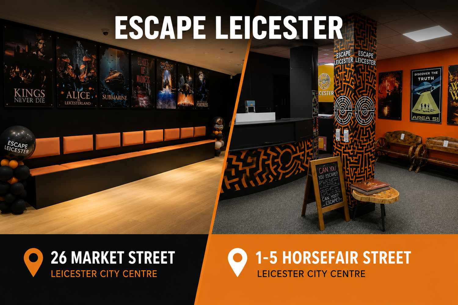 Escape Leicester escape room venue in Leicester city centre with locations on Market Street and Horsefair Street