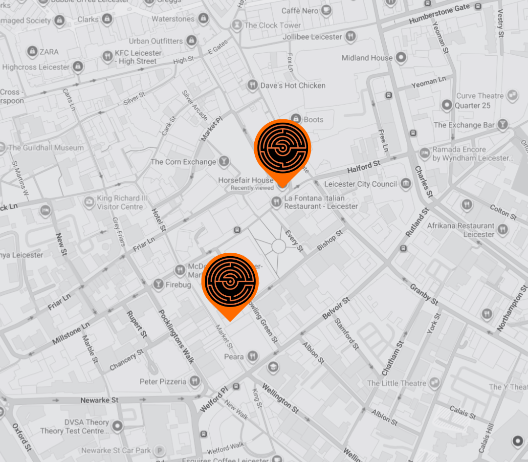 Map showing Escape Leicester escape room locations in Leicester city centre at Market Street and Horsefair Street