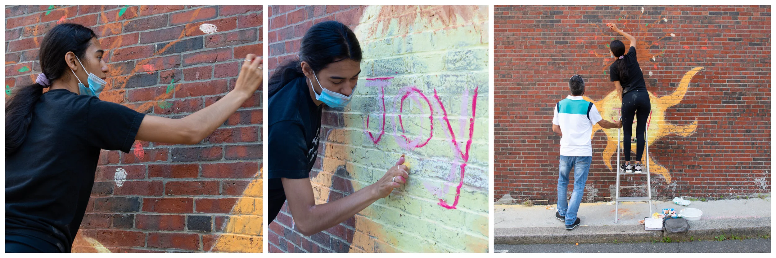 July 11: Young artist Melissa Gallego creates her chalk art mural in response to Art Prompt: Joy / Alegria to All Generations. She envisions a large family tree growing out of the warmth of the sun. Photo credit: Katy Rogers