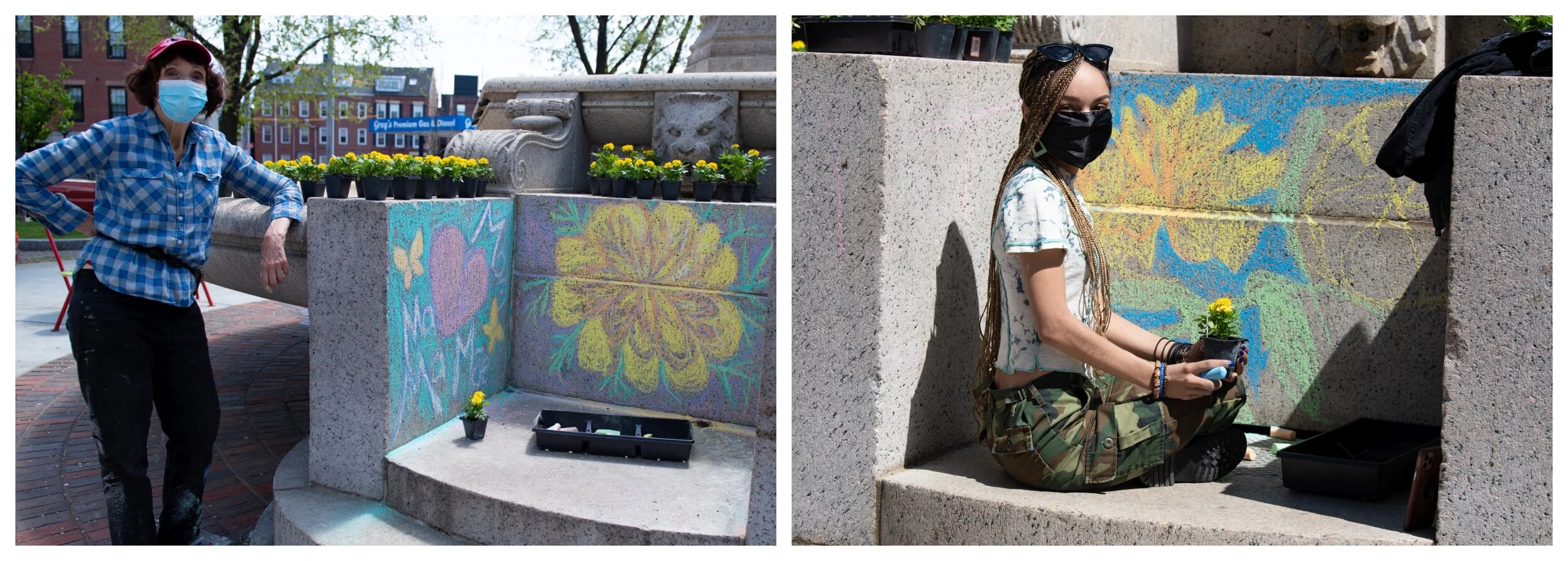 Marianne Ramos (left) and Amber Torres (right) work on chalk murals for the fountain! Photos: Matt Frank