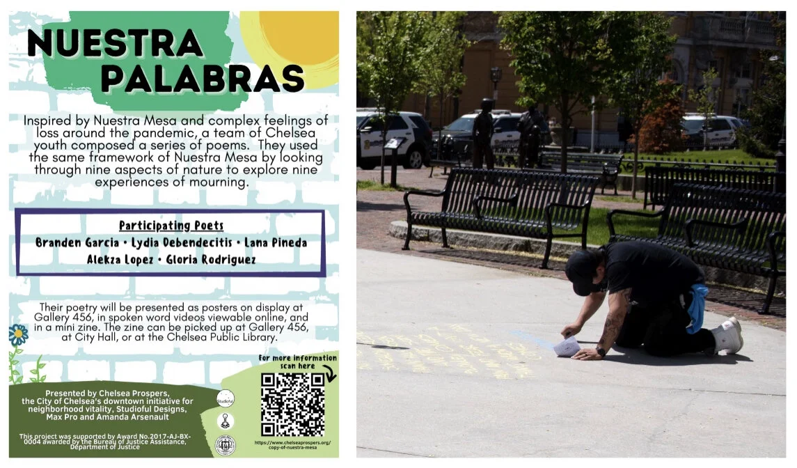 Artist Max Pro adds poetry created by the youth of Chelsea, to the installation. Flyer: Amanda Arsenault, Photos: Matt Frank