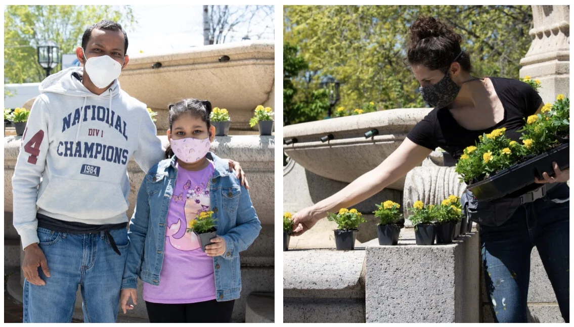 A father and daughter pictured above take a marigolds with them. Creator of Nuestras Palabras, Claudia Paraschiv distributes marigolds on the fountain top. Photos: Matt Frank