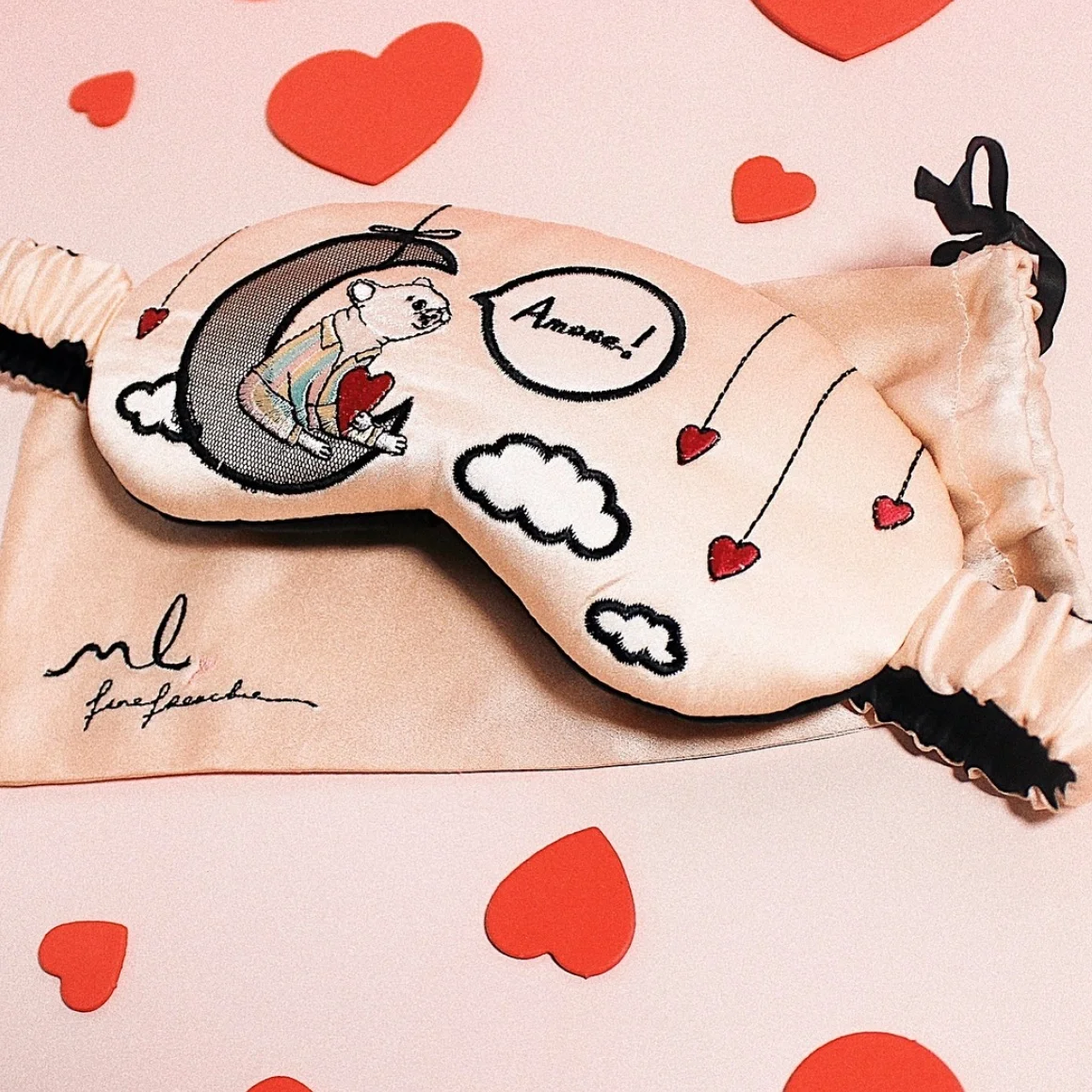 A collaboration between Morgan Lane and The Fine Frenchie, this silk eye mask is embroidered with an illustration of the eponymous bulldog in Morgan Lane pyjamas, lounging on a crescent moon. Morgan Lane x The Fine Frenchie Amoré mask, $110, Morgan-lane.com