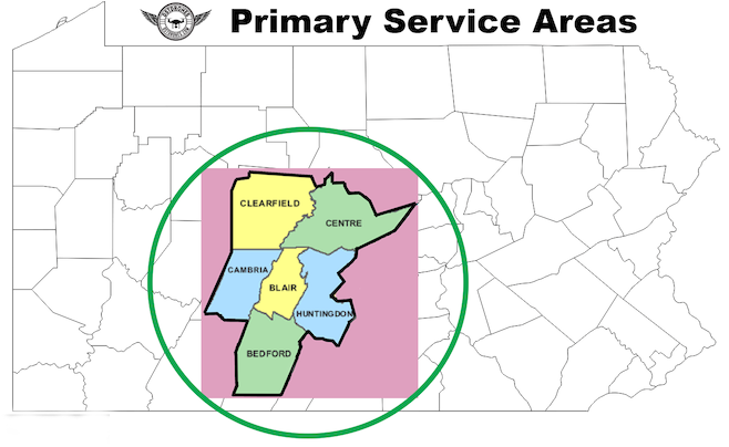Primary Service Areas include Bedford, Blair, Cambria, Clearfield, and Huntingdon Counties in Pennsylvania.