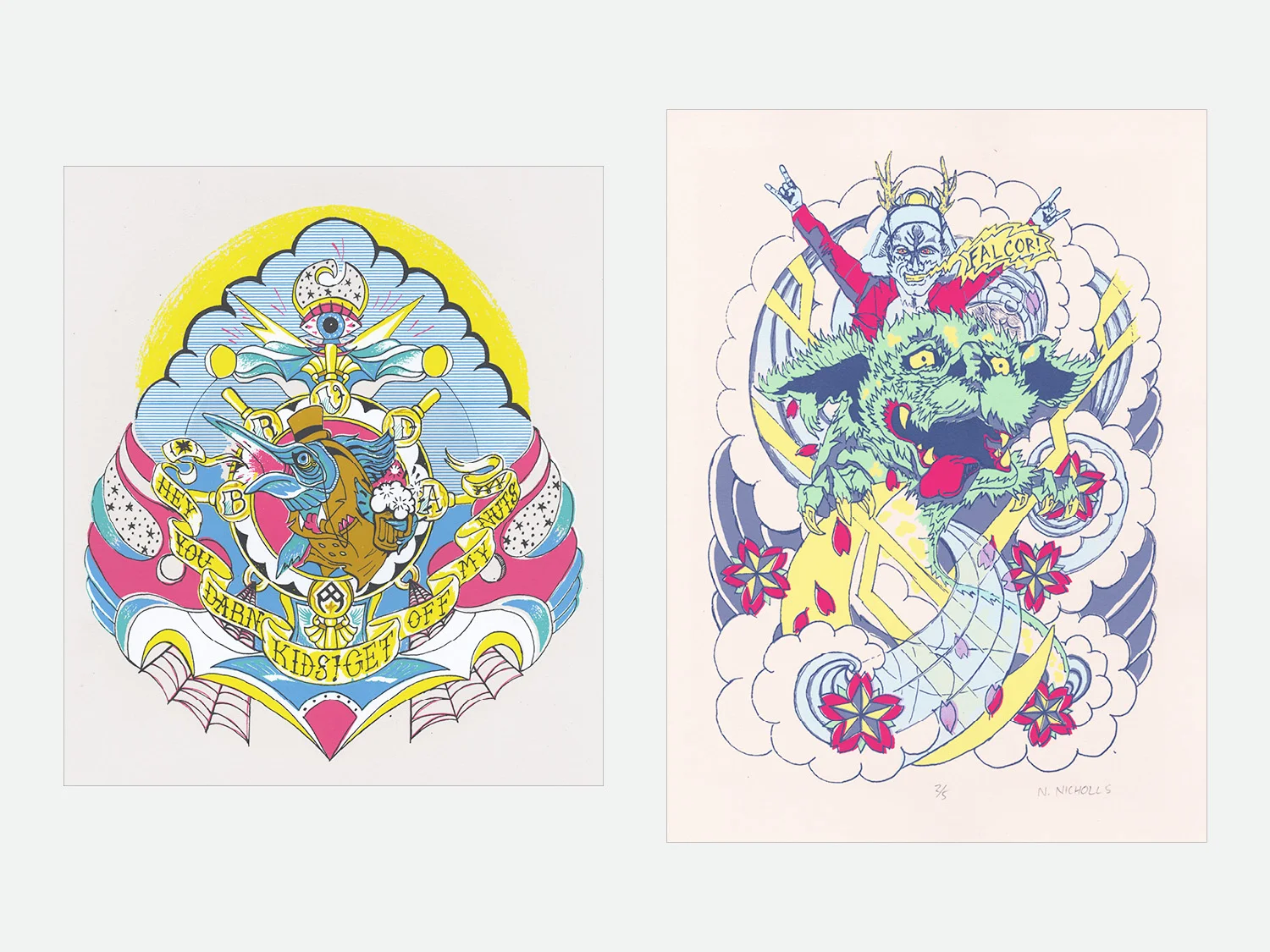 Left: Bruda; 8-color screen print // Right: Falcor; 6-color screen print