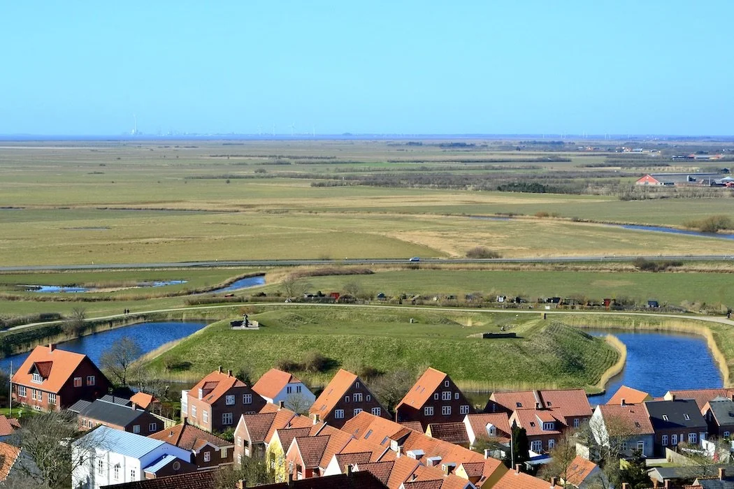 View from atop Ribe Cathedral over land to the North Sea