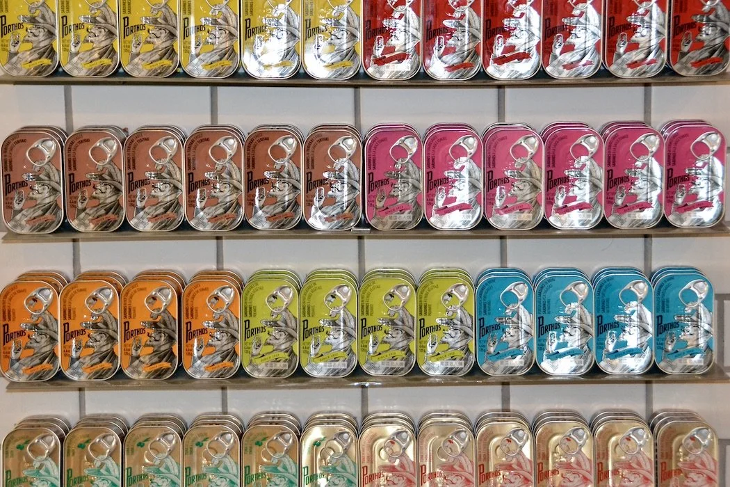 Patterns rows of sardine cans Lisbon Portugal